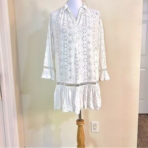 NAFTUL white eyelet lace ruffles  boho cottagecore dress women’s size L pockets